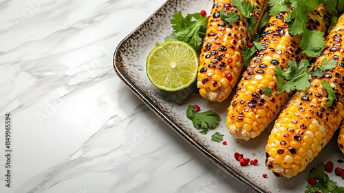 Grilled corn on the cob with herbs and lime is styled Mexican elote style on a white marble countertop, featuring charred kernels and fresh cilantro under soft lighting for a gourmet presentation.
