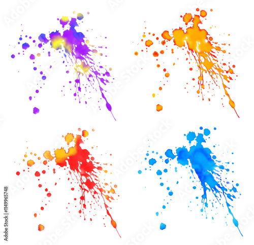 Set of multicolored watercolor stains, paint drips, ink, isolated on white background