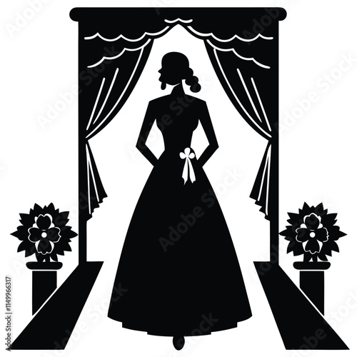 Bride walking down the aisle silhouette on white background
