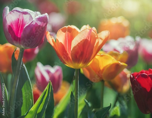 A serene and vibrant close-up of tulips blooming in a sunlit field. The flowers display a variety of warm colors, including shades of pink, orange, yellow, and cream, with soft sunlight streaming in a