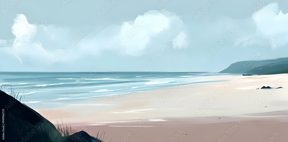 Fototapeta premium A serene beach landscape with gentle waves and soft clouds under a calm sky.