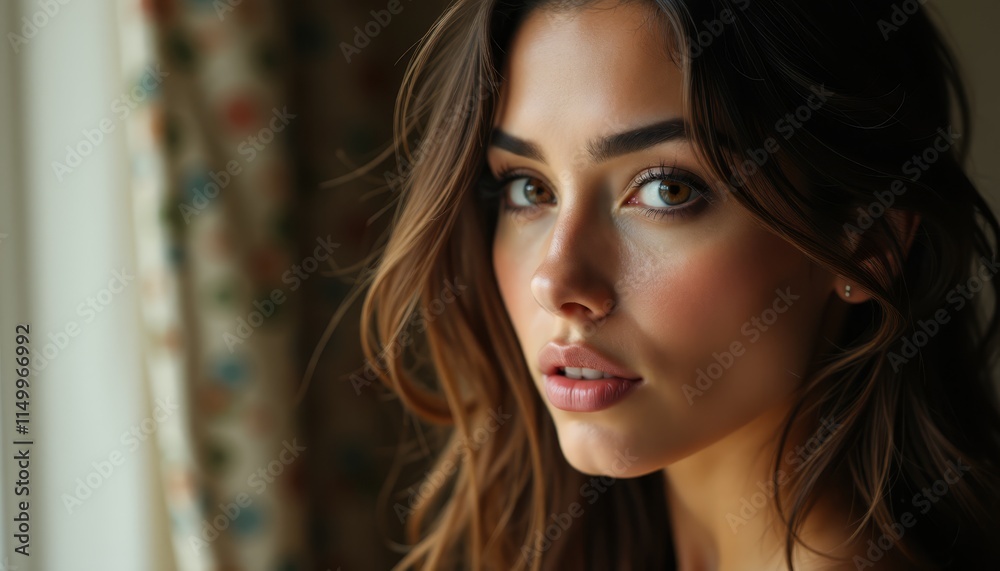 A woman with long brown hair looking out a window A woman with long brown hair looking out a window