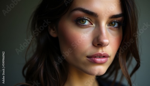  A close up of a woman's face with green eyes