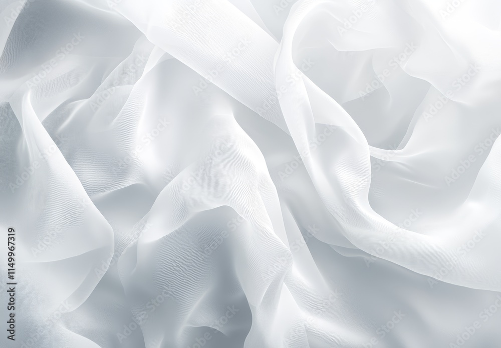 Close-up of draped white sheer fabric with soft folds and subtle shadows. Close-up of draped white sheer fabric with soft folds and subtle shadows.