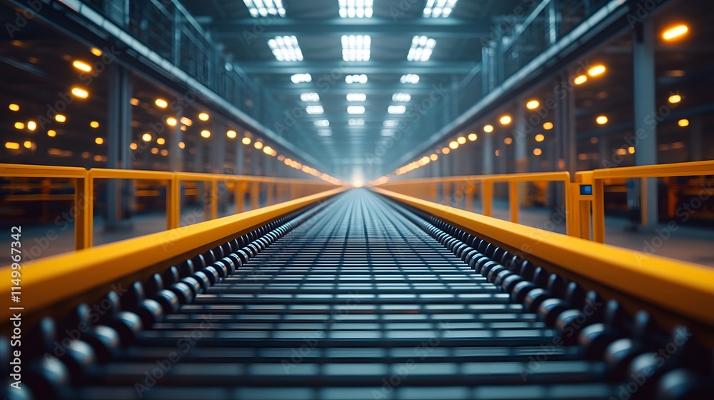 An industrial conveyor belt system in a modern warehouse features empty metal rollers and reflective surfaces under bright ceiling lights, emphasizing a clean and efficient logistics facility. An industrial conveyor belt system in a modern warehouse features empty metal rollers and reflective surfaces under bright ceiling lights, emphasizing a clean and efficient logistics facility.