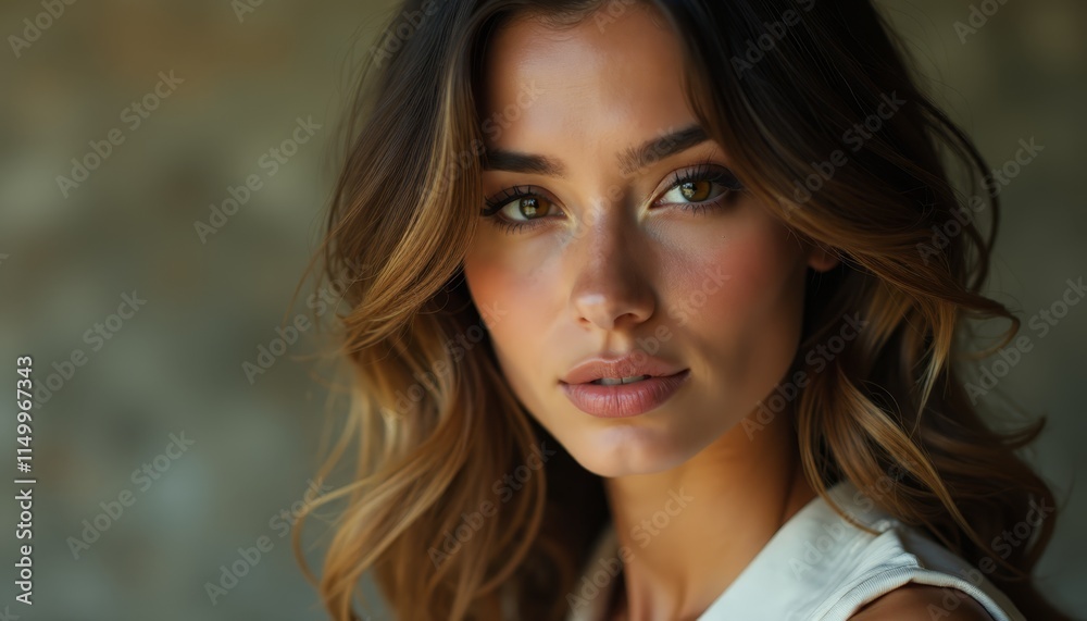 A woman with long brown hair and a white shirt A woman with long brown hair and a white shirt