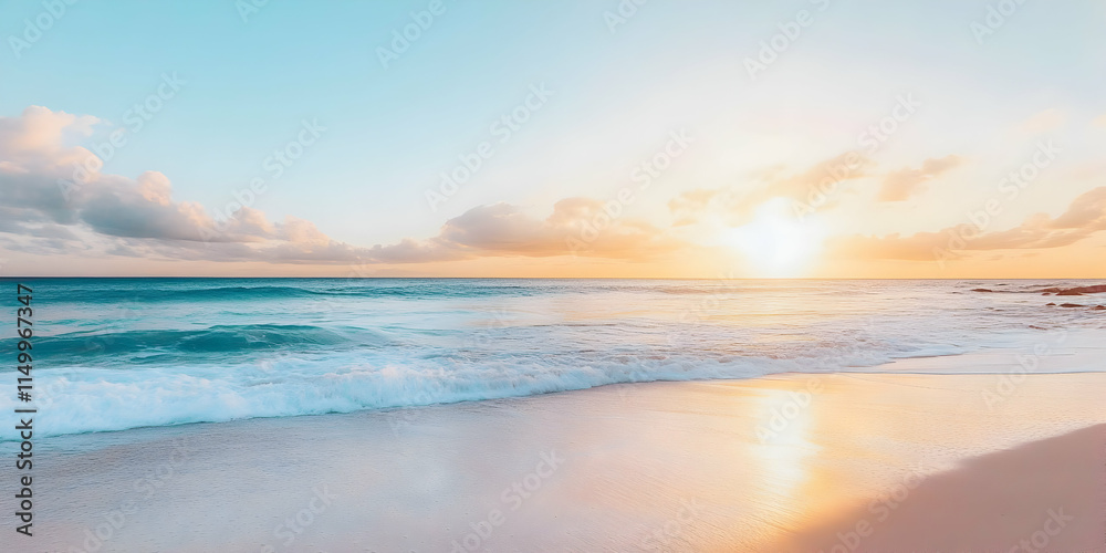 A serene beach at sunset with gentle waves and colorful sky. A serene beach at sunset with gentle waves and colorful sky.
