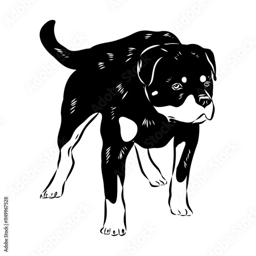 Doodle One Line Drawn Rottweiler . Black Curve Rottweiler dog, vector sketch