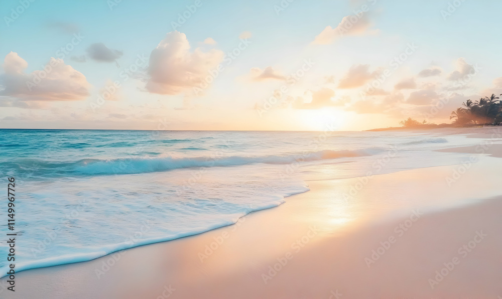 Serene beach at sunset with gentle waves and soft clouds. Serene beach at sunset with gentle waves and soft clouds.