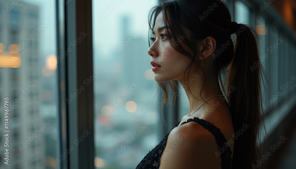 A woman looking out of a window at the city A woman looking out of a window at the city