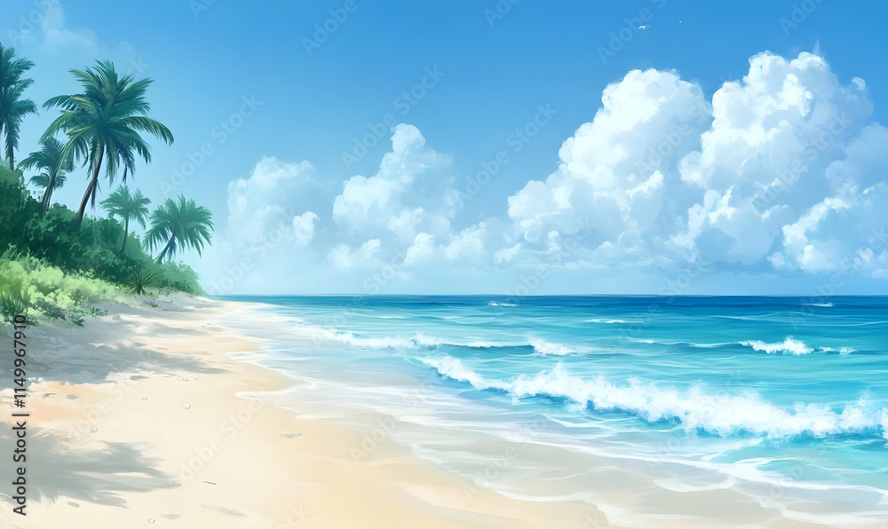 A serene beach scene with palm trees and gentle waves under a bright blue sky. A serene beach scene with palm trees and gentle waves under a bright blue sky.