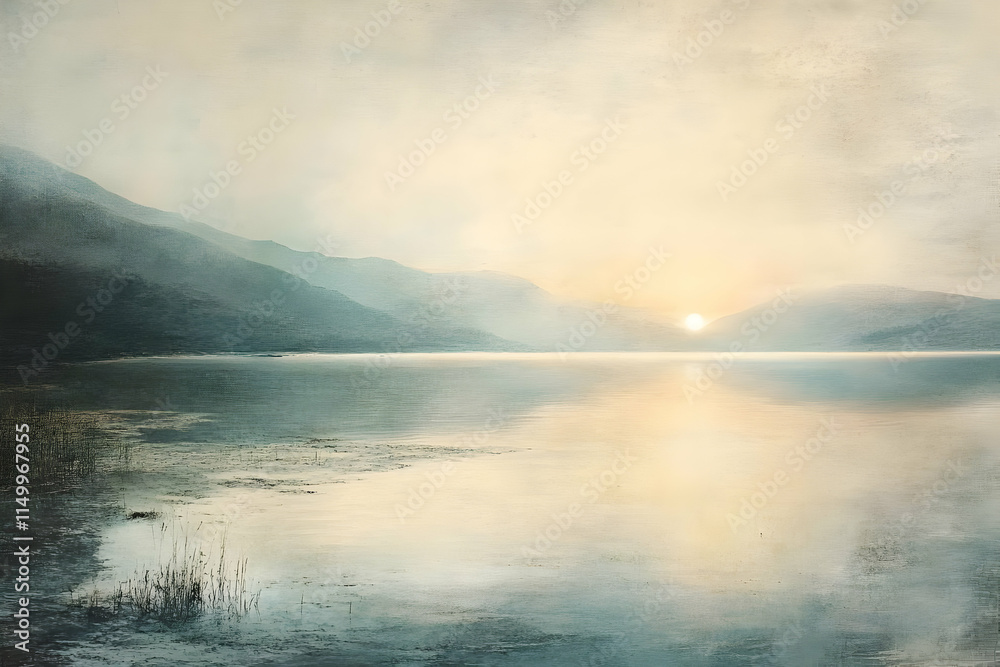 A serene landscape at sunrise over a calm lake, reflecting soft hues and distant mountains. A serene landscape at sunrise over a calm lake, reflecting soft hues and distant mountains.