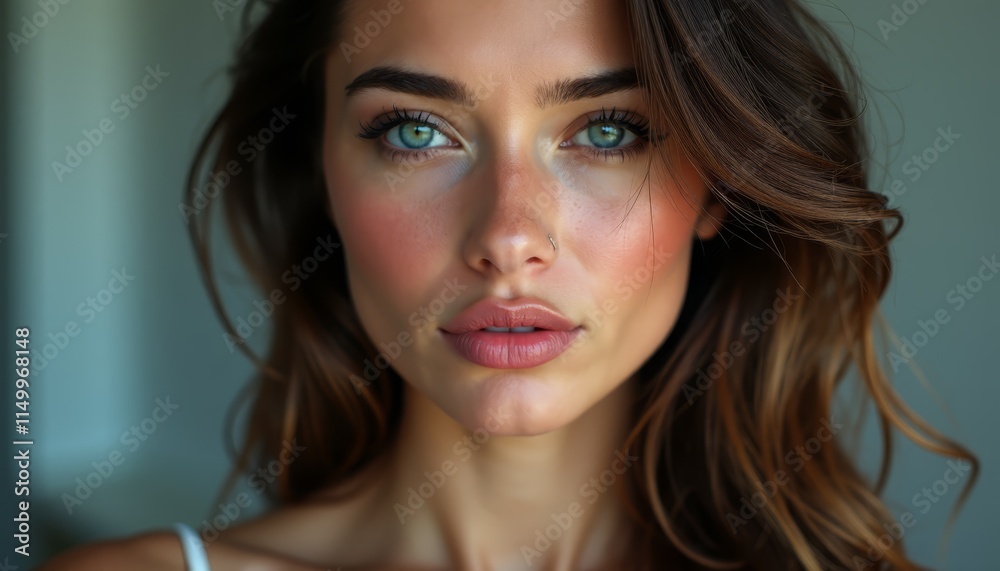 A close up of a woman with long brown hair and blue eyes A close up of a woman with long brown hair and blue eyes