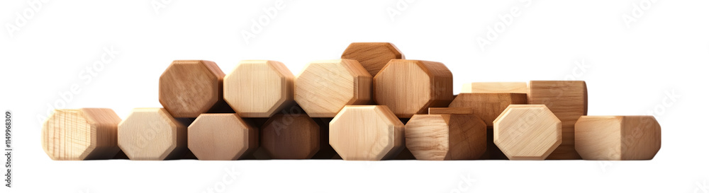 Stacked geometric hexagonal wooden blocks with smooth surfaces and natural tones, ideal for decorative or crafting purposes. Isolated on transparent background Stacked geometric hexagonal wooden blocks with smooth surfaces and natural tones, ideal for decorative or crafting purposes. Isolated on transparent background