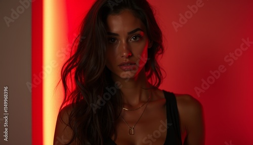A woman with long dark hair standing in front of a red wall