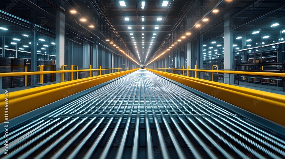 An industrial conveyor belt system in a modern warehouse features empty metal rollers and reflective surfaces under bright ceiling lights, emphasizing a clean and efficient logistics facility. An industrial conveyor belt system in a modern warehouse features empty metal rollers and reflective surfaces under bright ceiling lights, emphasizing a clean and efficient logistics facility.
