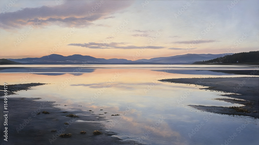 Serene landscape at dawn with calm waters reflecting soft hues and distant mountains. Serene landscape at dawn with calm waters reflecting soft hues and distant mountains.