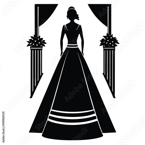 Bride walking down the aisle silhouette on white background