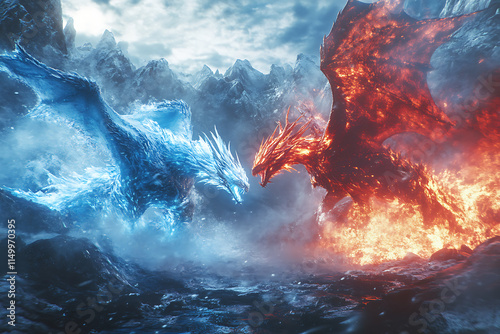 Epic Clash of Ice and Fire Dragons in a Mountainous Realm photo