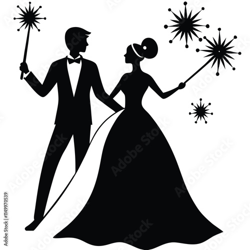 Wedding sparklers silhouette on white