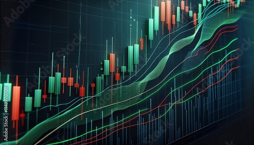This image shows a detailed financial chart with candlestick patterns, moving averages and volume indicators. It is important for analyzing stock market trends and making informed trading decisions.