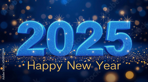 2025 Happy New Year blue and golden text design with on blue background