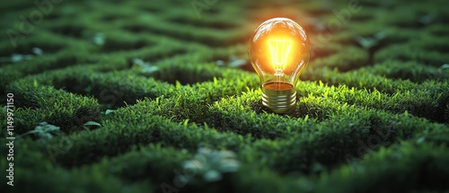 Bright bulb in the center of a green maze, casting light on creative problemsolving paths, vibrant and detailed environment photo