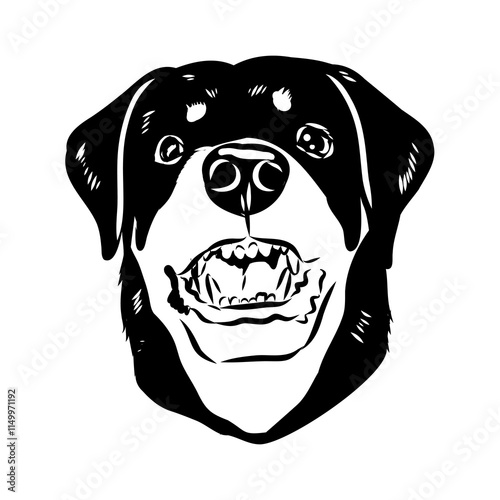 Doodle One Line Drawn Rottweiler . Black Curve Rottweiler dog, vector sketch