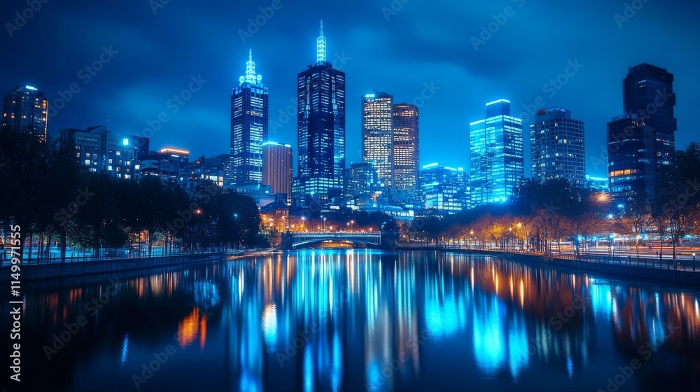 Obraz premium A city skyline at night, glowing with vibrant blue lights, reflects perfectly on the river. The scene showcases modern architecture and the peacefulness of a city at night.. AI Generation
