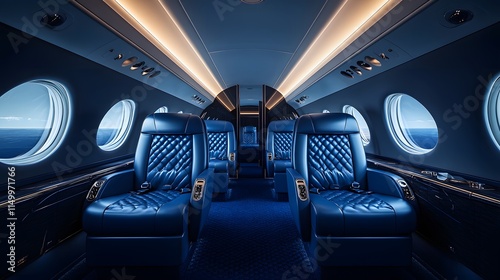 The interior of a luxurious private jet is presented with deep navy blue leather seats and polished chrome details in a symmetrical aisle view, capturing the high-end corporate atmosphere.