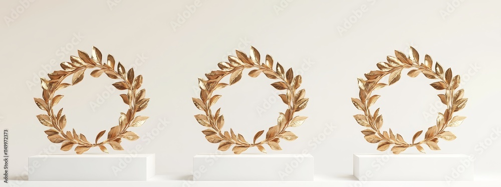 Three golden laurel wreaths on white podiums. (12) Three golden laurel wreaths on white podiums. (12)