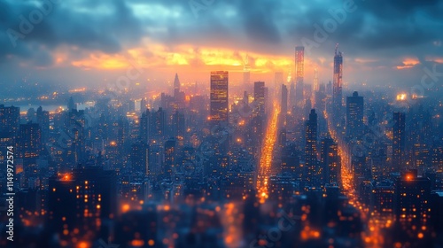 Wallpaper Mural City skyline sunset, glowing lights, hazy ambiance. Torontodigital.ca