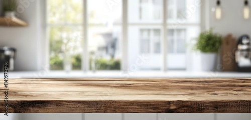 Wooden table top in blurred kitchen background.