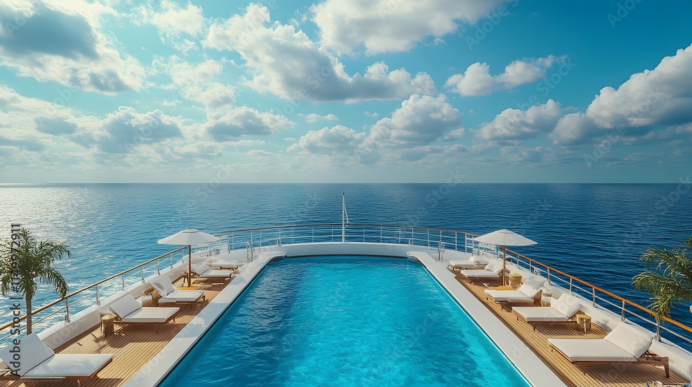 Fototapeta premium The infinity pool on a luxury cruise ship is depicted with turquoise water and an ocean view, creating a scene of relaxation and leisure, adorned with white deck chairs and a panoramic seascape.