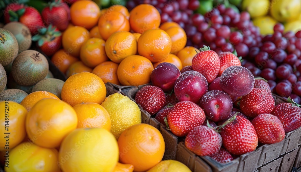 Colorful Fresh Fruits Displayed In Wooden Crates Colorful Fresh Fruits Displayed In Wooden Crates