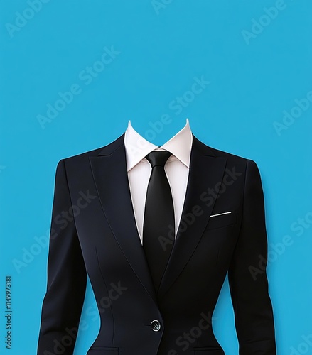  Black Women's Suit with White Shirt, Tie, and Blue Background for Photo Cutting in Flat Vector Style Template