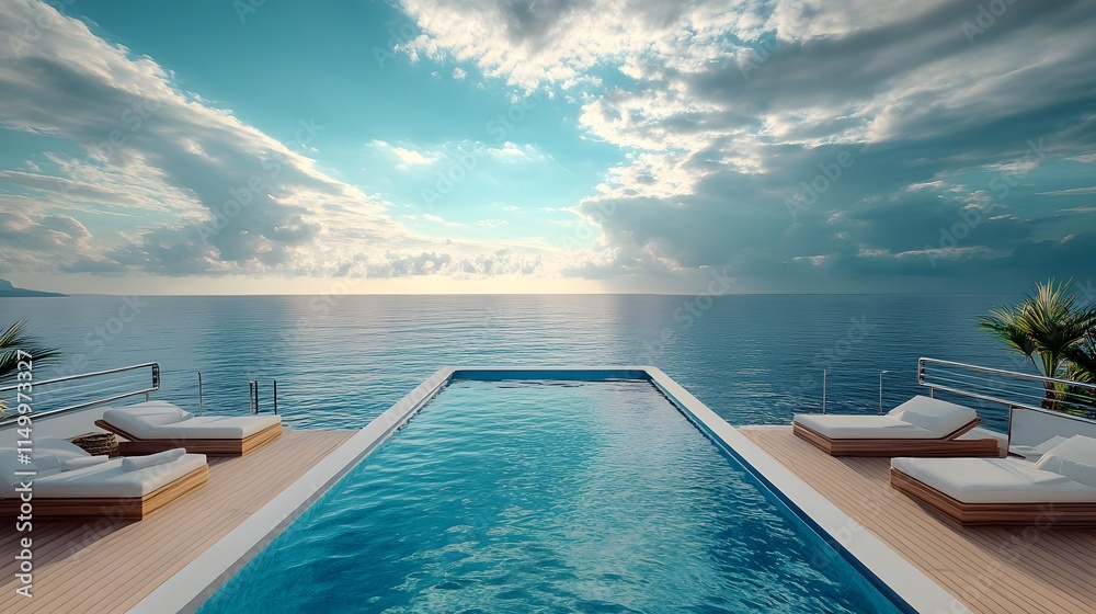 Fototapeta premium The infinity pool on a luxury cruise ship is depicted with turquoise water and an ocean view, creating a scene of relaxation and leisure, adorned with white deck chairs and a panoramic seascape.