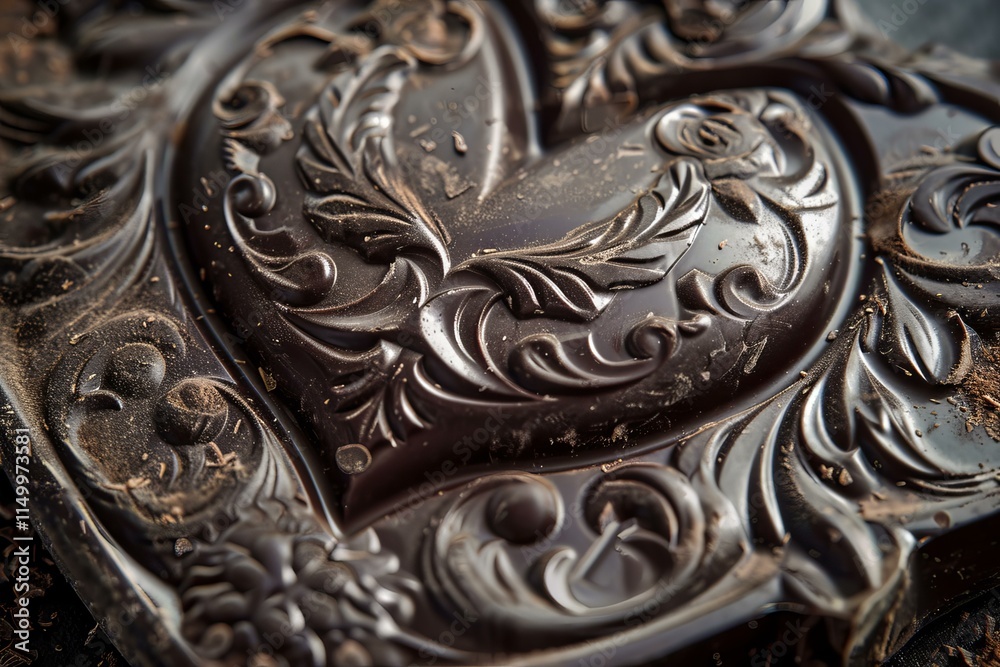 Close up of a beautifully embossed dark chocolate bar, featuring an intricate heart and floral design Close up of a beautifully embossed dark chocolate bar, featuring an intricate heart and floral design