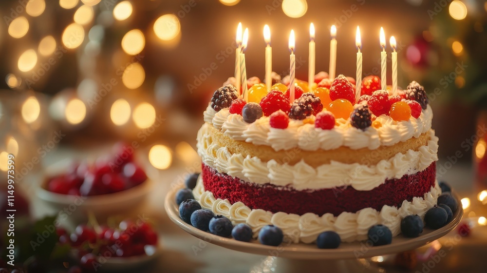 Layers of Fresh Fruit Cake with Candles and Holiday Decorations