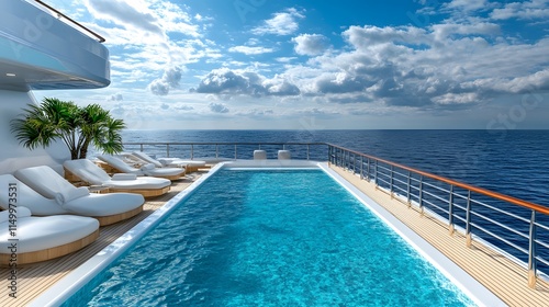 The infinity pool on a luxury cruise ship is depicted with turquoise water and an ocean view, creating a scene of relaxation and leisure, adorned with white deck chairs and a panoramic seascape.