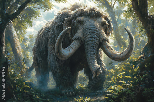 Majestic Woolly Mammoth in Lush Prehistoric Jungle Setting: A Digital Painting Masterpiece photo