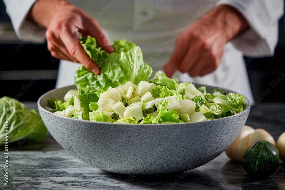 Fresh greens and crisp vegetables create a colorful salad preparation in a modern kitchen Fresh greens and crisp vegetables create a colorful salad preparation in a modern kitchen