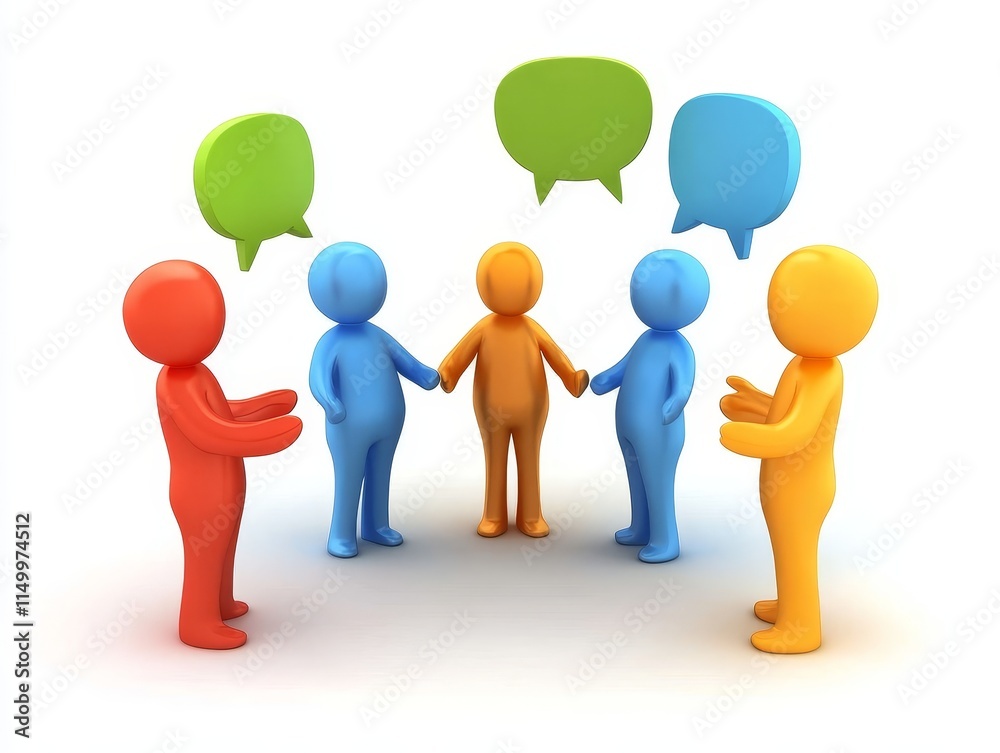 Colorful 3D figures in a circle, holding hands, with speech bubbles above, symbolizing communication and teamwork. Colorful 3D figures in a circle, holding hands, with speech bubbles above, symbolizing communication and teamwork.