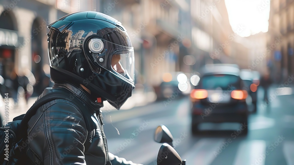 Fototapeta premium A motorcyclist in a black leather jacket and helmet sitting on a motorcycle.