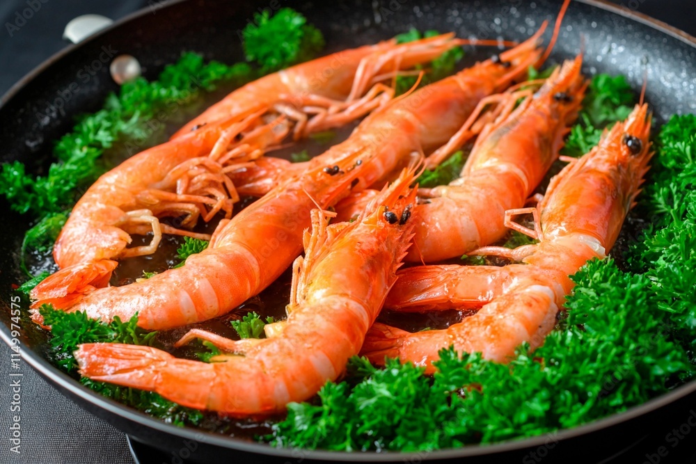Grilled shrimp garnished with fresh parsley in a sizzling skillet for a delightful meal Grilled shrimp garnished with fresh parsley in a sizzling skillet for a delightful meal