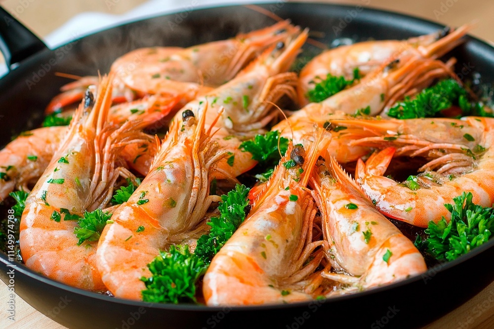 Juicy shrimp sizzling in a skillet with vibrant herbs at a lively kitchen setting Juicy shrimp sizzling in a skillet with vibrant herbs at a lively kitchen setting