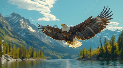 A majestic bald eagle in flight spreads its wings against a vibrant blue sky. The sharp focus on detailed feathers showcases the bird soaring over a pristine lake surrounded by mountains.