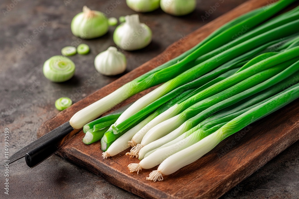 Fresh green onions displayed on a wooden cutting board with vibrant colors and textures