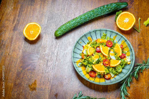 Garden salad on the brown table photo