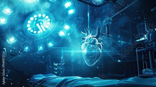Surgical team performing a delicate heart surgery, illuminated by bright operating lights, with advanced medical equipment surrounding them 